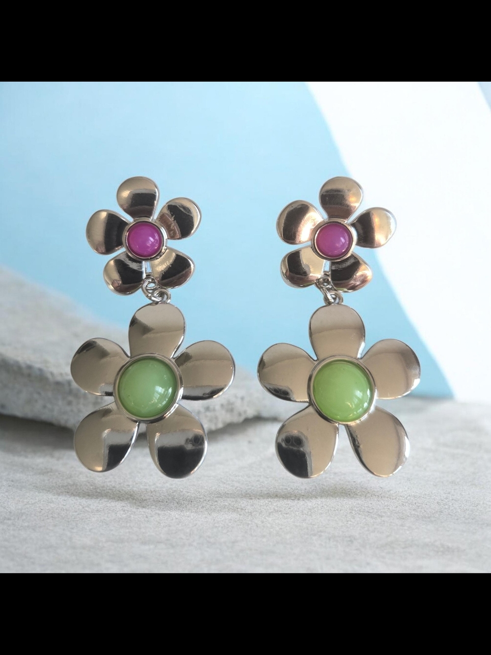 paparazzi Silver Flower Drop Earrings with Pink and Green Centers